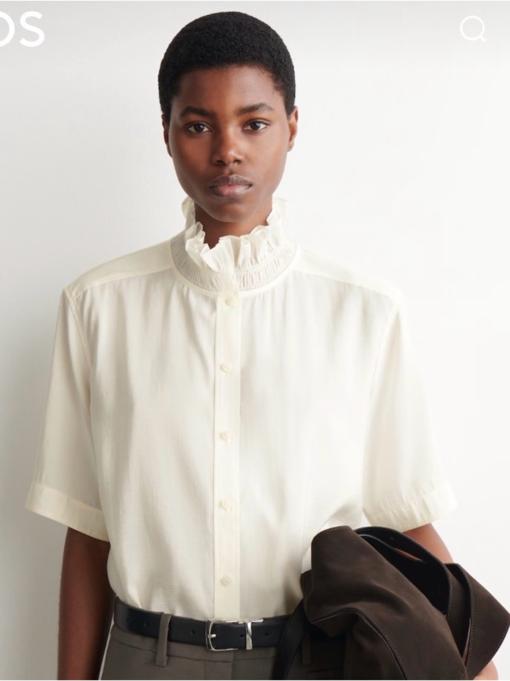COS Ivory Women's Cream Ruffled-Neck Button-Front Modal Collar Shirt 8